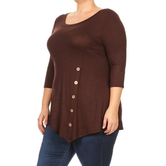 Women Plus Size Solid Button Asymmetric Knit Top Tee Blouse Shirt Brown 1X-3X - Picture 1 of 7